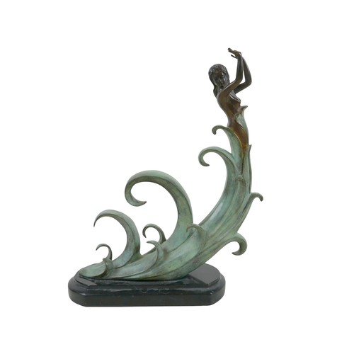 283 - An unsigned 20th century bronze sculpture of a female emerging from curling waves, the waves with gr... 