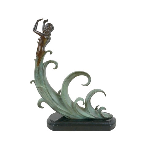 283 - An unsigned 20th century bronze sculpture of a female emerging from curling waves, the waves with gr... 