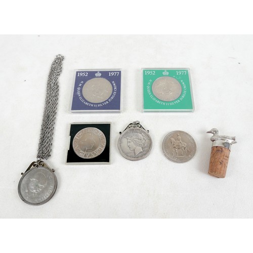 15 - A collection of gilt metal costume jewellery and numismatics, including a 1928 silver dollar pendant... 