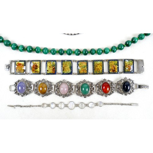 27 - A collection of jewellery including a silver frog, malachite necklace 44cm long, 19th century buckle... 