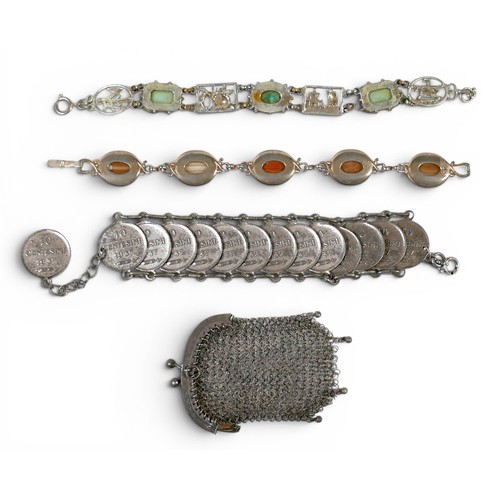 28 - Three bracelets and an opera purse, comprising a coin bracelet, and agate bracelet and a Chinese jad... 