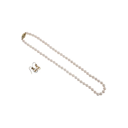 31 - A single string of pearls with a 9ct yellow clasp, 46cm long, pearls 6mm diameter, and a pair of gil... 