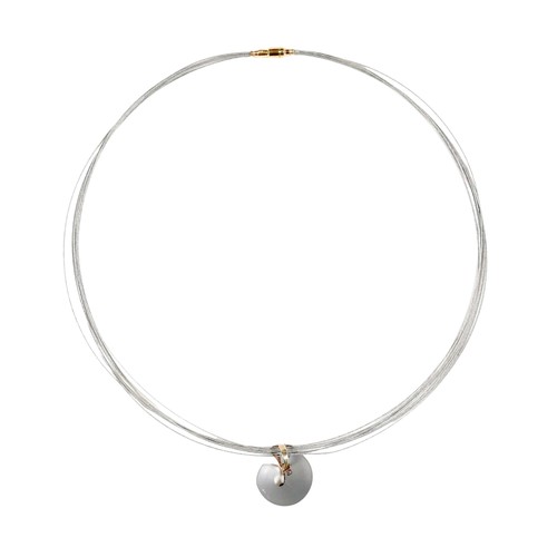 41 - A stainless steel and 14ct yellow gold pedant and necklace, the pendant 2cm high on a seven strand n... 