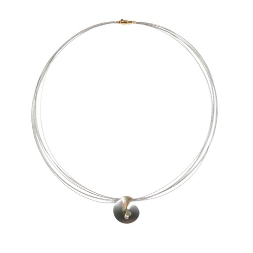 41 - A stainless steel and 14ct yellow gold pedant and necklace, the pendant 2cm high on a seven strand n... 
