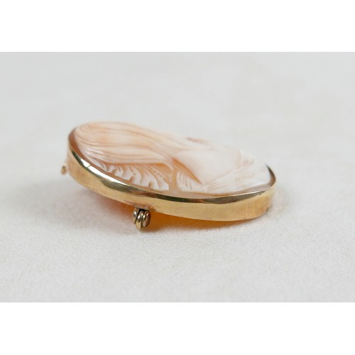 42 - A 9ct gold mounted shell carved shell cameo brooch, carved with a lady's head and bird, 3.5 by 4.5cm... 