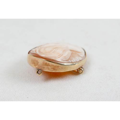 42 - A 9ct gold mounted shell carved shell cameo brooch, carved with a lady's head and bird, 3.5 by 4.5cm... 