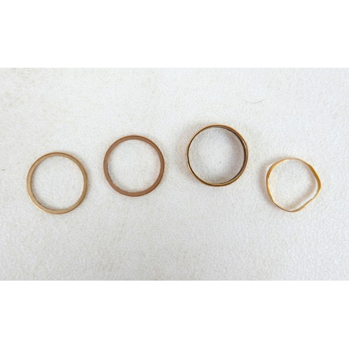 47 - Three 9ct gold plain band rings, (1.1g, 0.9g and 2.2g) both size L, plus 22ct gold band, size J, 0.7... 