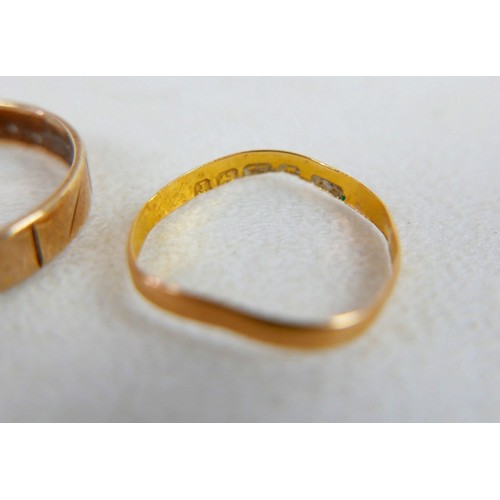 47 - Three 9ct gold plain band rings, (1.1g, 0.9g and 2.2g) both size L, plus 22ct gold band, size J, 0.7... 