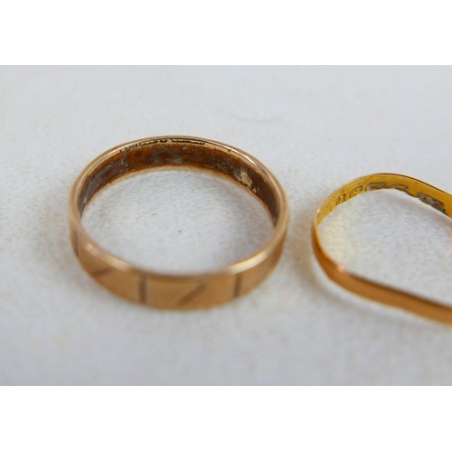 47 - Three 9ct gold plain band rings, (1.1g, 0.9g and 2.2g) both size L, plus 22ct gold band, size J, 0.7... 