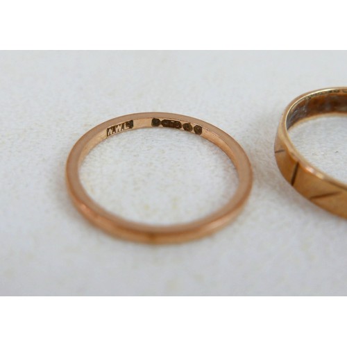 47 - Three 9ct gold plain band rings, (1.1g, 0.9g and 2.2g) both size L, plus 22ct gold band, size J, 0.7... 