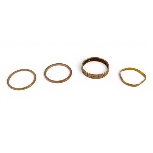 47 - Three 9ct gold plain band rings, (1.1g, 0.9g and 2.2g) both size L, plus 22ct gold band, size J, 0.7... 