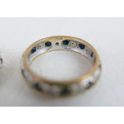 49 - Four rings, to include two 9ct diamond and sapphire eternity rings, size N, 2.7g and 2.8g, plus unma... 