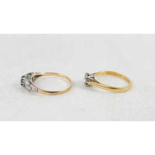 50 - Two 18ct and diamond rings; the first a solitaire diamond with leaf shoulders, size P, 2.3g, the oth... 