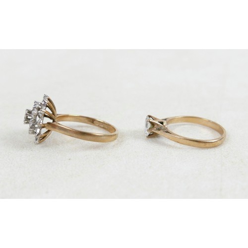 53 - Two 9ct gold rings; one a three tier diamond flowerhead ring, size Q, 3.7g, and one 9ct with single ... 