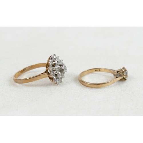 53 - Two 9ct gold rings; one a three tier diamond flowerhead ring, size Q, 3.7g, and one 9ct with single ... 