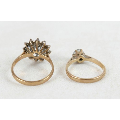 53 - Two 9ct gold rings; one a three tier diamond flowerhead ring, size Q, 3.7g, and one 9ct with single ... 