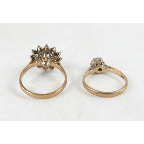 53 - Two 9ct gold rings; one a three tier diamond flowerhead ring, size Q, 3.7g, and one 9ct with single ... 