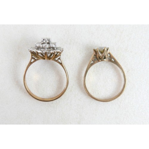53 - Two 9ct gold rings; one a three tier diamond flowerhead ring, size Q, 3.7g, and one 9ct with single ... 