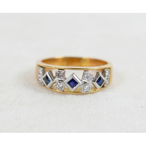55 - An 18ct gold, sapphire and diamond ring wit three square cut sapphires alternating with diamonds in ... 