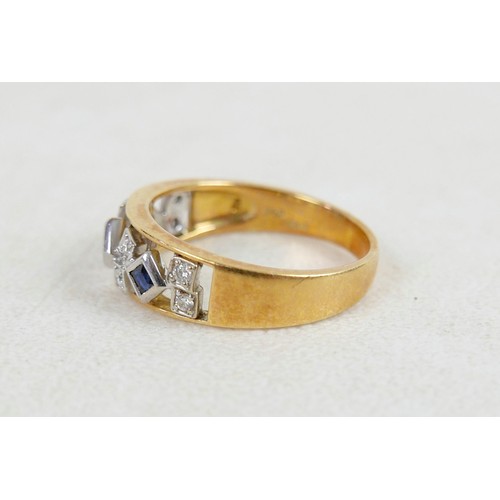 55 - An 18ct gold, sapphire and diamond ring wit three square cut sapphires alternating with diamonds in ... 
