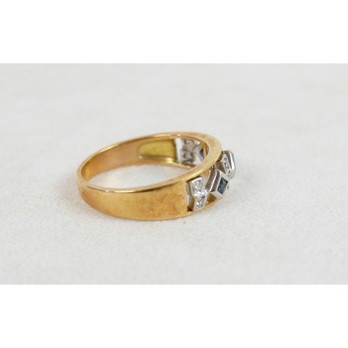55 - An 18ct gold, sapphire and diamond ring wit three square cut sapphires alternating with diamonds in ... 