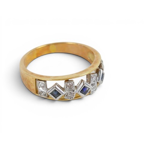 55 - An 18ct gold, sapphire and diamond ring wit three square cut sapphires alternating with diamonds in ... 