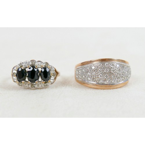 56 - Two 9ct gold rings; a 9ct band set with pave diamonds, size q, 4.9g, plus 9ct with three oval sapphi... 