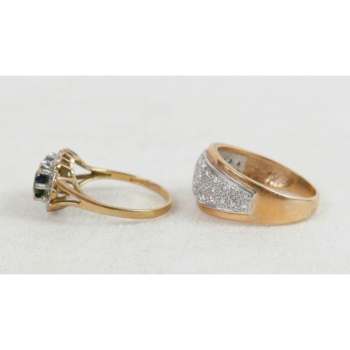 56 - Two 9ct gold rings; a 9ct band set with pave diamonds, size q, 4.9g, plus 9ct with three oval sapphi... 
