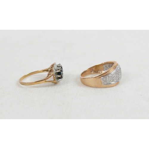 56 - Two 9ct gold rings; a 9ct band set with pave diamonds, size q, 4.9g, plus 9ct with three oval sapphi... 