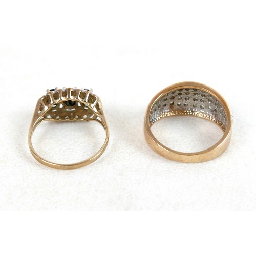 56 - Two 9ct gold rings; a 9ct band set with pave diamonds, size q, 4.9g, plus 9ct with three oval sapphi... 