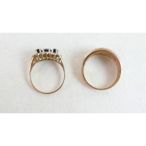 56 - Two 9ct gold rings; a 9ct band set with pave diamonds, size q, 4.9g, plus 9ct with three oval sapphi... 