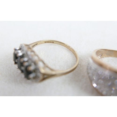 56 - Two 9ct gold rings; a 9ct band set with pave diamonds, size q, 4.9g, plus 9ct with three oval sapphi... 