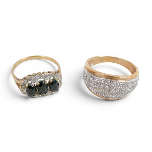 56 - Two 9ct gold rings; a 9ct band set with pave diamonds, size q, 4.9g, plus 9ct with three oval sapphi... 