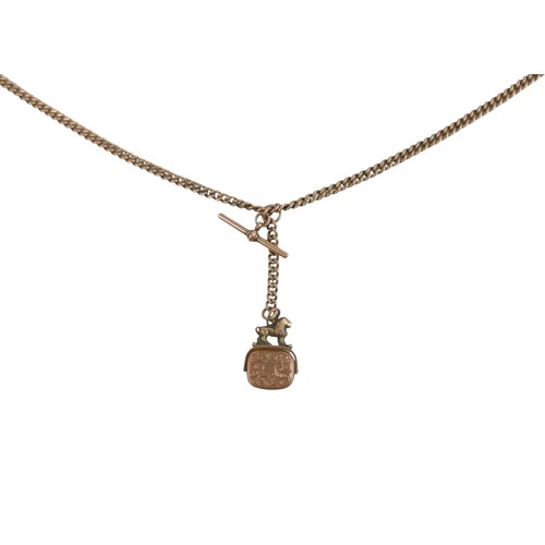 7 - A 9ct gold fob chain with T bar, Y shape as necklace, 45cm, plus a red hard stone set 9ct rose gold ... 