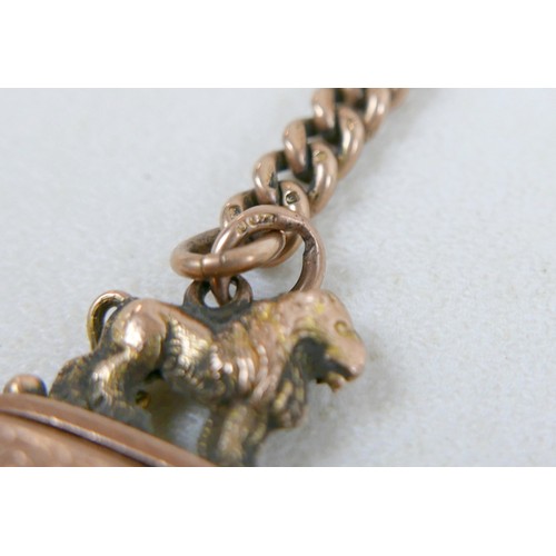 7 - A 9ct gold fob chain with T bar, Y shape as necklace, 45cm, plus a red hard stone set 9ct rose gold ... 