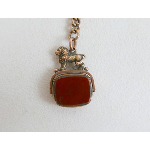7 - A 9ct gold fob chain with T bar, Y shape as necklace, 45cm, plus a red hard stone set 9ct rose gold ... 