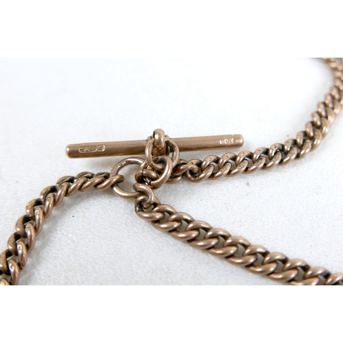 7 - A 9ct gold fob chain with T bar, Y shape as necklace, 45cm, plus a red hard stone set 9ct rose gold ... 