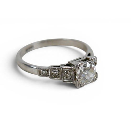 4 - An Art Deco diamond ring, the central stone approxmately 0.8ct old European/old mine cut in square s... 