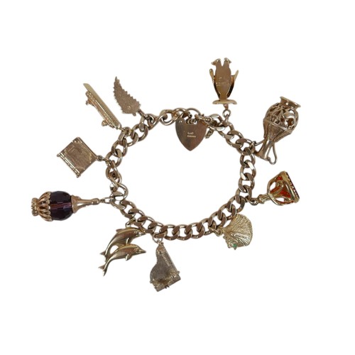 1 - A 9ct gold charm bracelet, flat curb, with assorted 9ct and 14ct gold charms including dolphins, bib... 