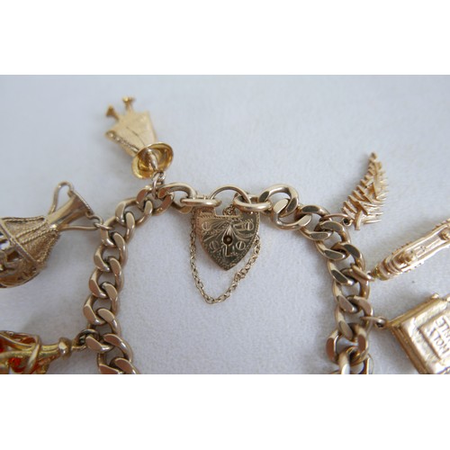 1 - A 9ct gold charm bracelet, flat curb, with assorted 9ct and 14ct gold charms including dolphins, bib... 