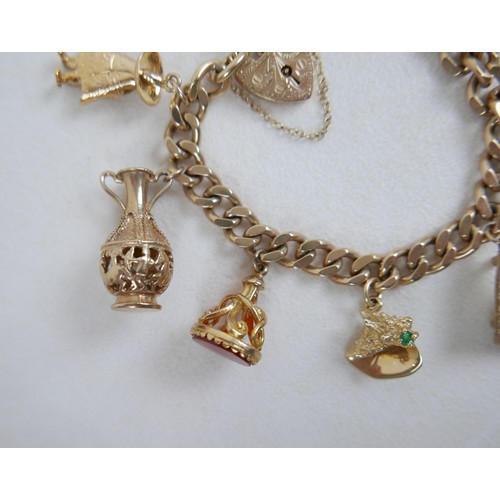 1 - A 9ct gold charm bracelet, flat curb, with assorted 9ct and 14ct gold charms including dolphins, bib... 