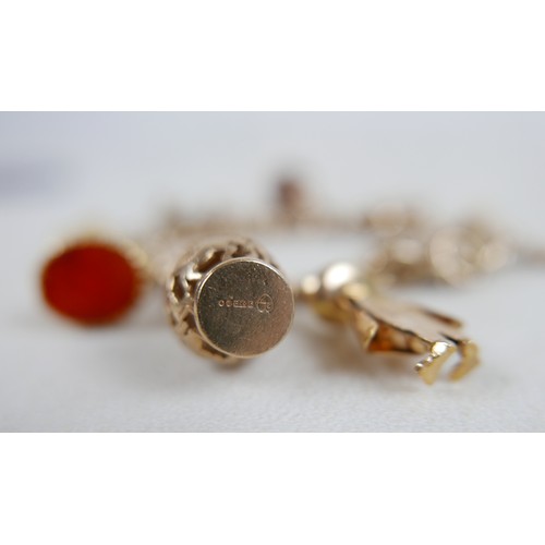 1 - A 9ct gold charm bracelet, flat curb, with assorted 9ct and 14ct gold charms including dolphins, bib... 