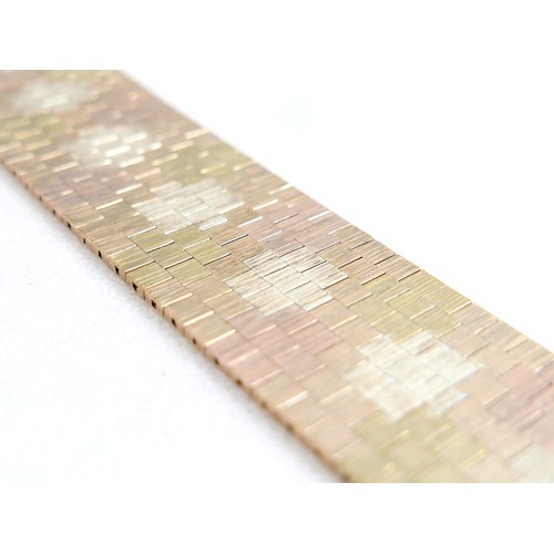 2 - A 9ct three color gold flat brick bracelet, with sections of yellow, rose and white gold, maker B&S,... 