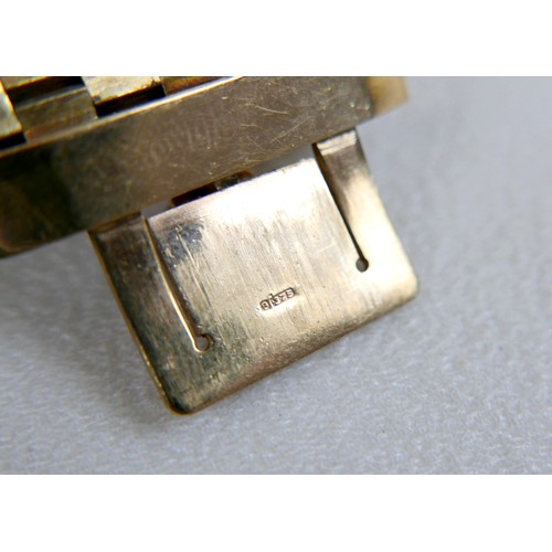 2 - A 9ct three color gold flat brick bracelet, with sections of yellow, rose and white gold, maker B&S,... 