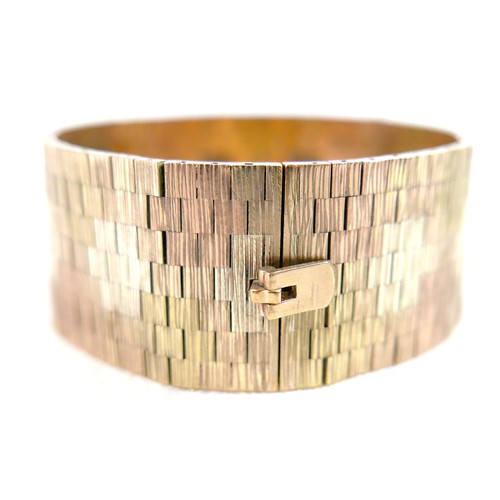 2 - A 9ct three color gold flat brick bracelet, with sections of yellow, rose and white gold, maker B&S,... 