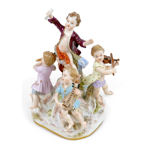 A 19th Century Meissen porcelain figurine group, depicting a band of ...