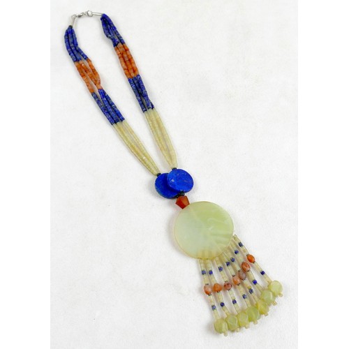 25 - A small group of jewellery, including a jade, lapis and pink stone pendant necklace, 44cm long, silv... 