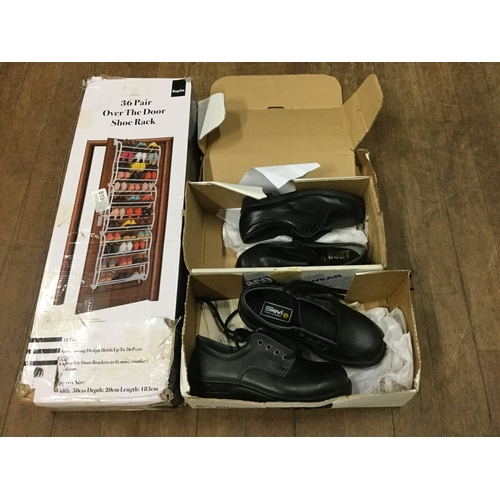 189 - 2 new pairs of kids shoes (size 1 & 2.5) and shoe rack