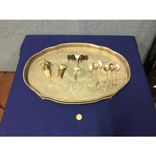 157 - Plated tea tray with wine stoppers, spoons and bottle opener.