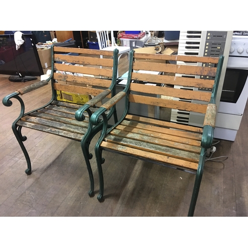 163 - Pair of metal framed wooden garden chairs